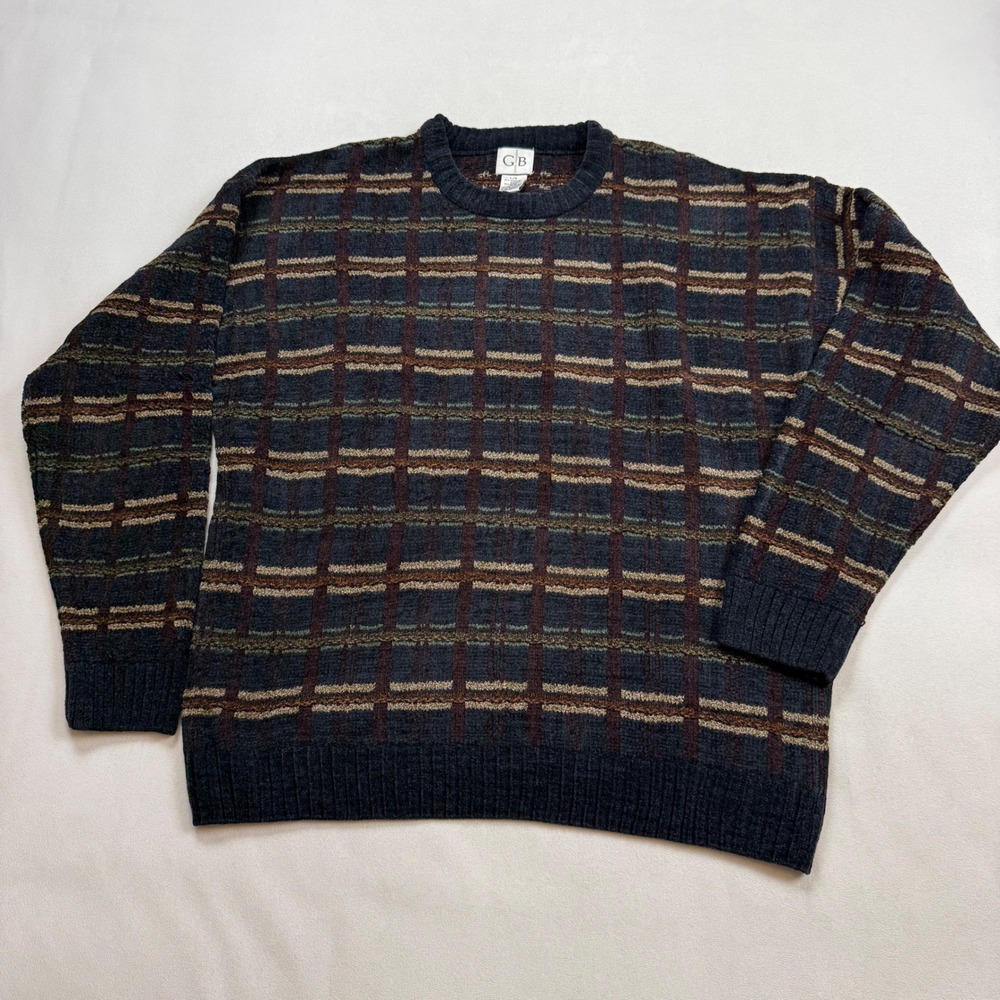 VTG Geoffrey Beene Mens Large Navy Blue Plaid Grid Crewneck Knit Sweater 192938